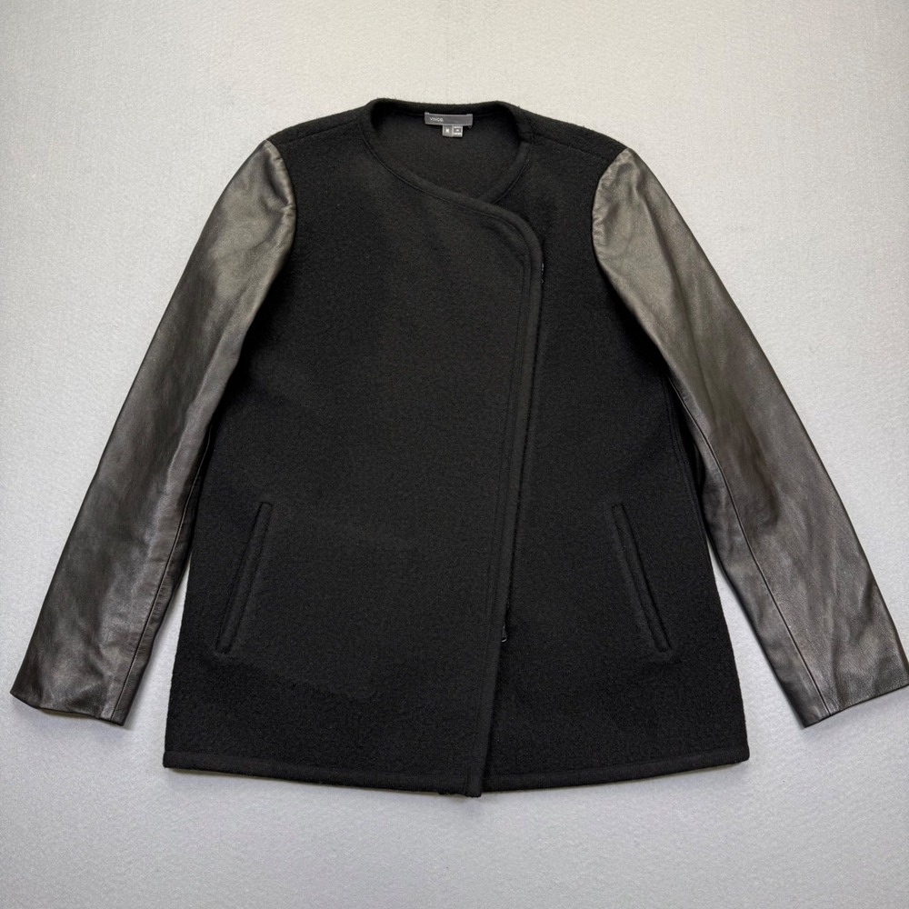 Vince Womens Black Wool Leather Sleeve Asymmetrical Zip Jacket V108990345 Size M